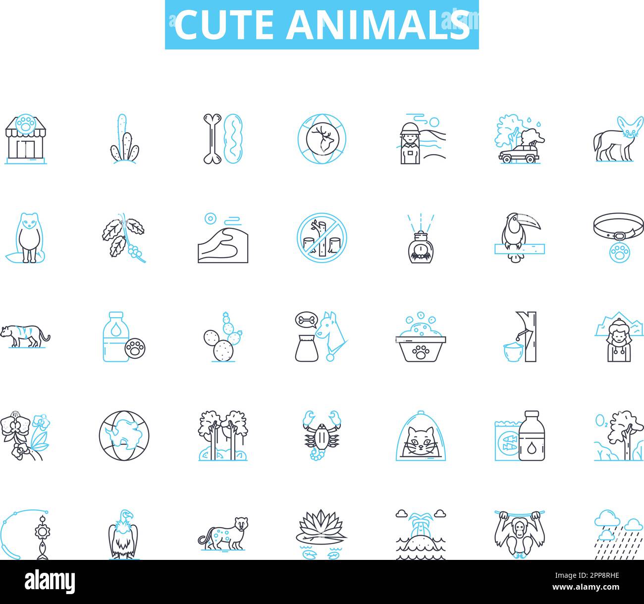 Cute animals linear icons set. Adorable, Fluffy, Fuzzy, Cuddly, Playful, Sweet, Tiny line vector and concept signs. Lovable,Cheeky,Curious outline Stock Vector