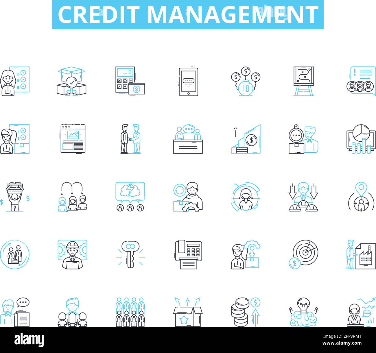 Credit management linear icons set. Budgeting, Debt, Score, Reports, Risk, Monitoring, Payments line vector and concept signs. Interest,Collections Stock Vector