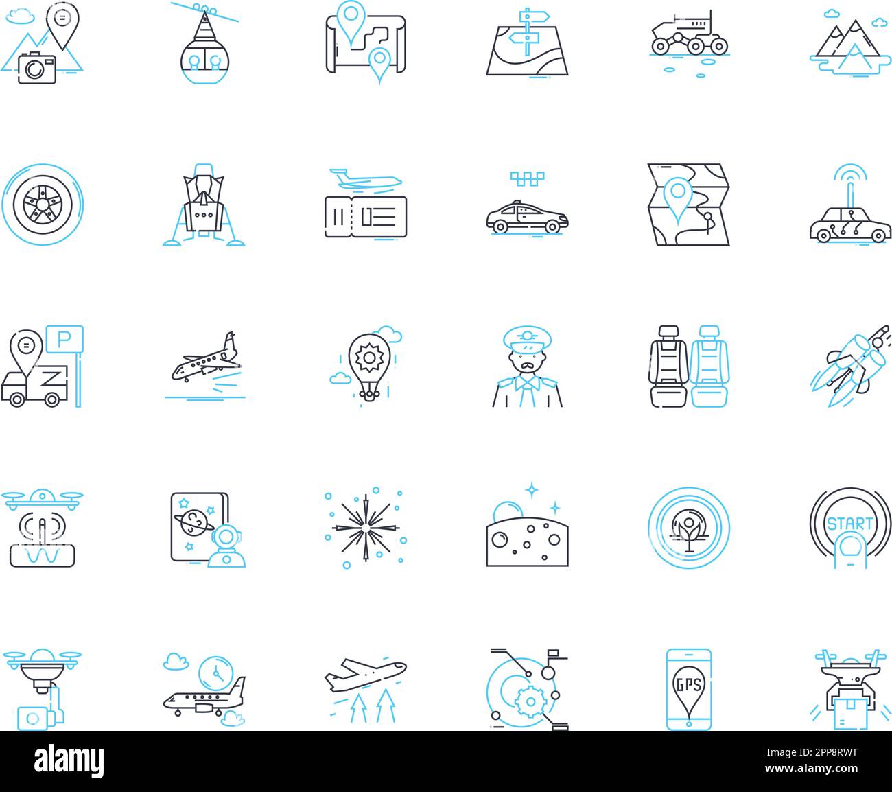 Flight linear icons set. Takeoff, Landing, Pilots, Passengers, Airline, Planes, Sky line vector and concept signs. Travel,Boarding,Cockpit outline Stock Vector