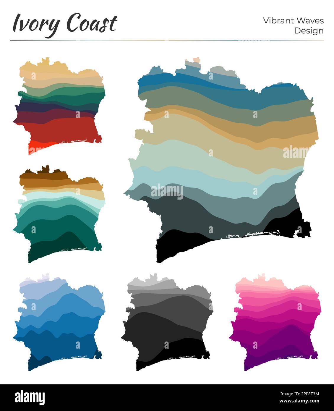 Set of vector maps of Ivory Coast. Vibrant waves design. Bright map of ...