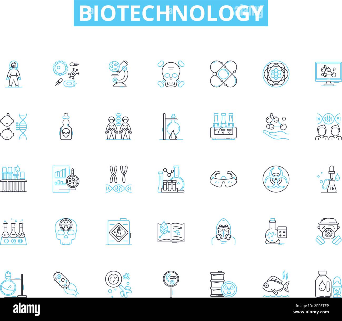 Biotechnology linear icons set. Genetic, Microorganisms, Cloning, Genome, Nanotechnology, Vaccines, Probiotics line vector and concept signs Stock Vector