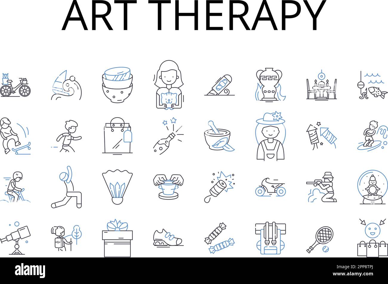 Art therapy line icons collection. Music therapy, Play therapy, Drama therapy, Movement therapy, Narrative therapy, Gestalt therapy, Poetry therapy Stock Vector