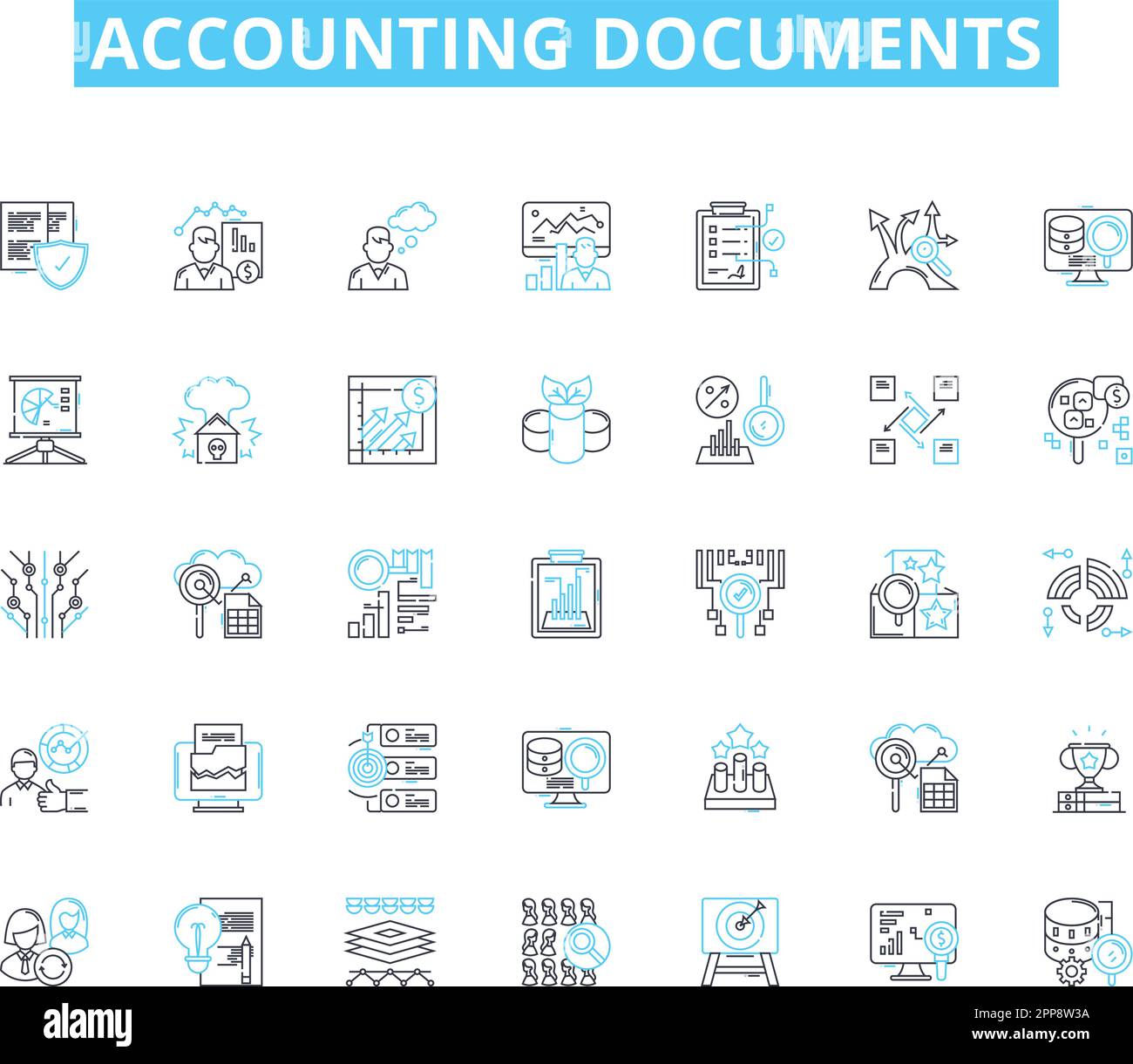 Accounting documents linear icons set. Ledger, Journal, Balance sheet, Income statement, Cash flow statement, Tax return, Invoice line vector and Stock Vector
