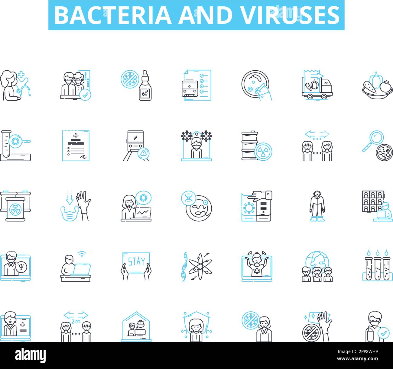Bacteria and viruses linear icons set. Pathogen, Microbe, Infection, Contagious, Tissue, Epidemic, Host line vector and concept signs. Resistance Stock Vector
