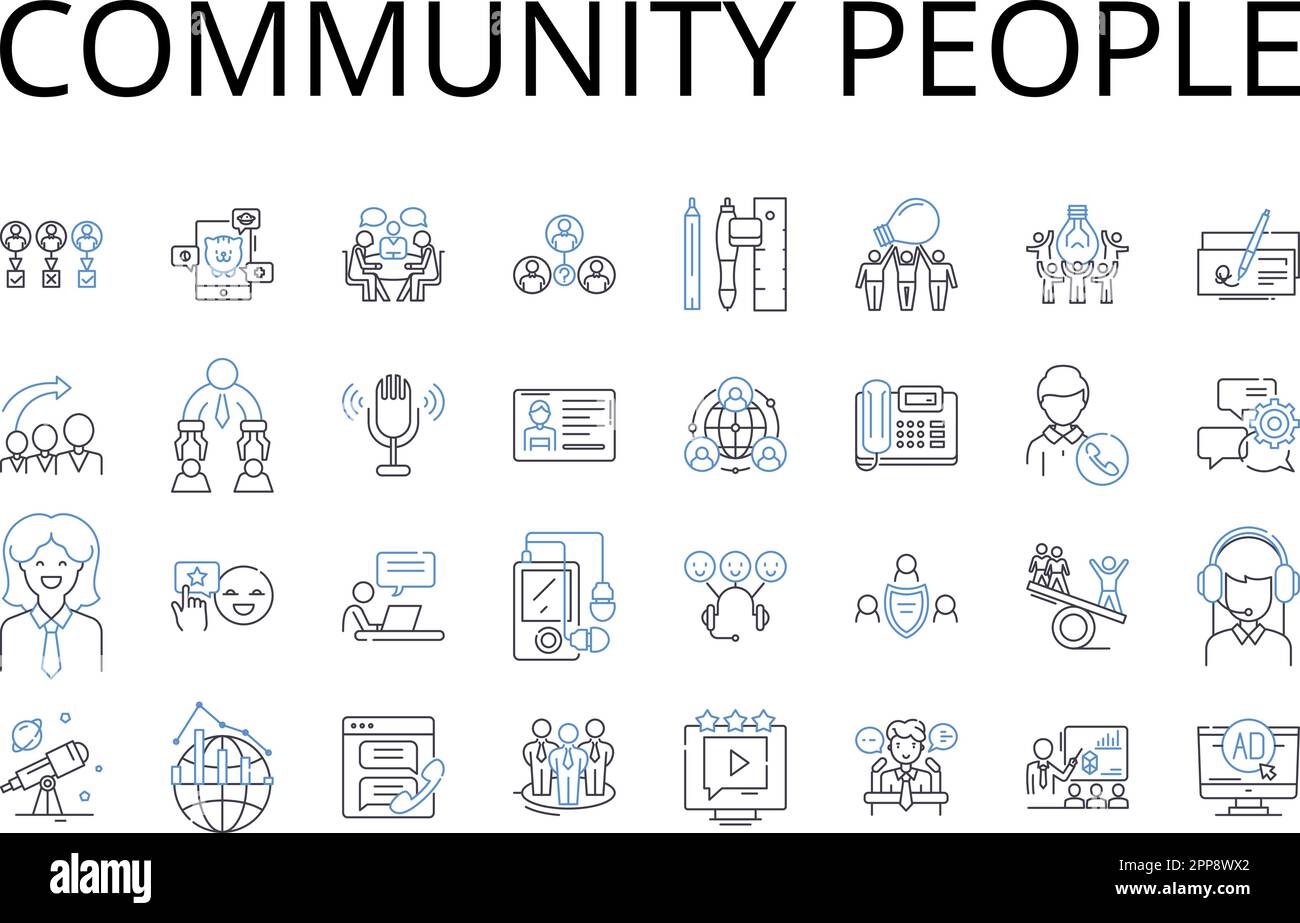 Community people line icons collection. Society individuals, Neighbourhood citizens, Team members, Group comrades, Public residents, Assembly Stock Vector