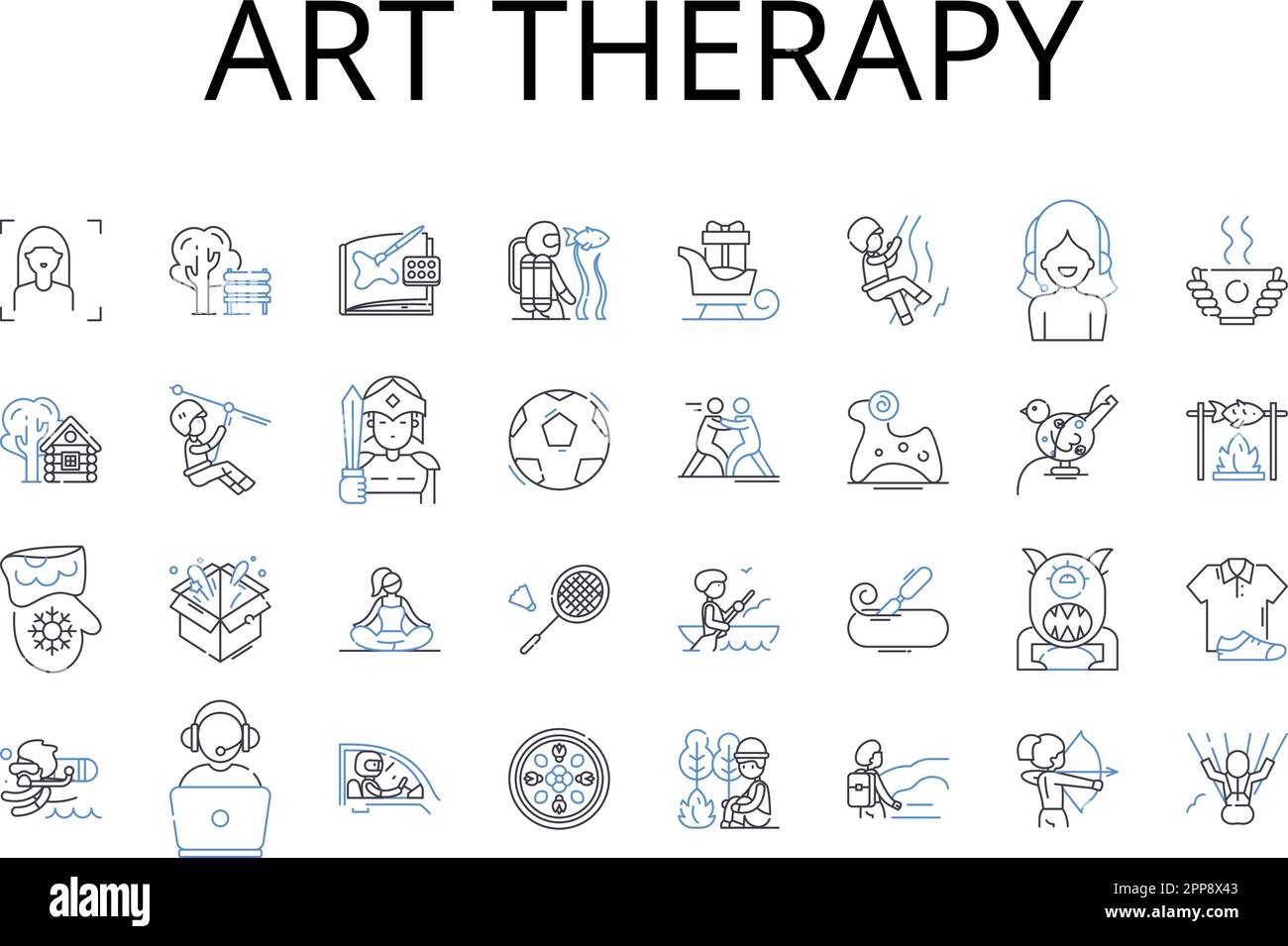 Art therapy line icons collection. Music therapy, Play therapy, Drama therapy, Movement therapy, Narrative therapy, Gestalt therapy, Poetry therapy Stock Vector