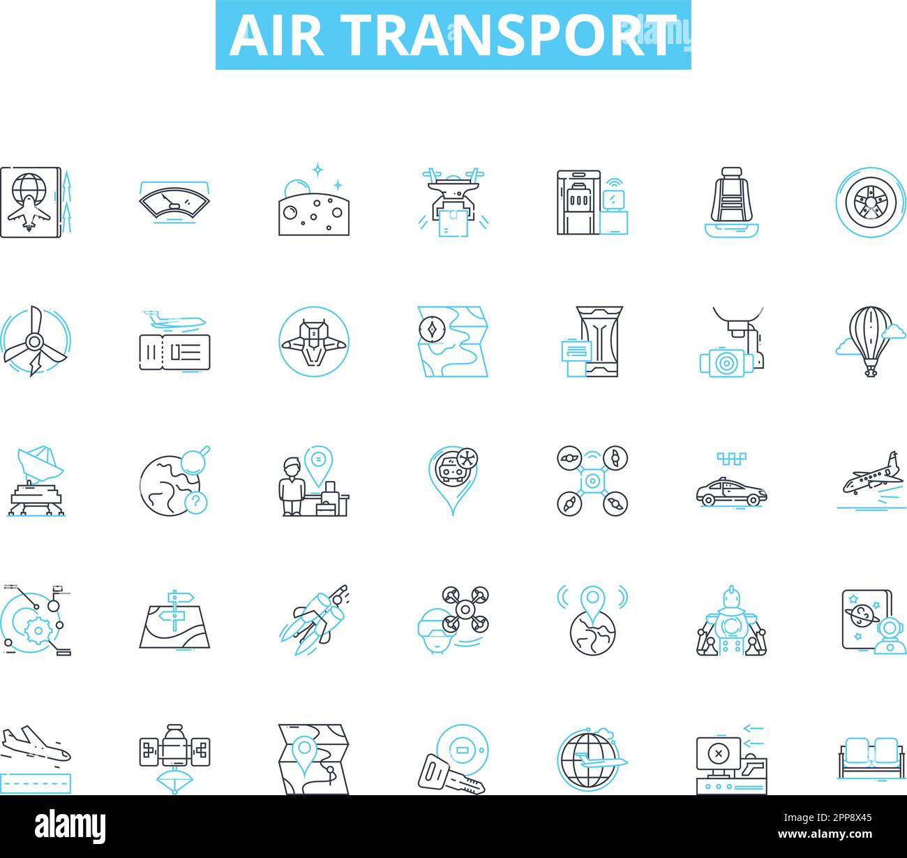 Air transport linear icons set. Flight, Plane, Jet, Helicopter, Airport, Runway, Takeoff line vector and concept signs. Landing,Altitude,Cabin outline Stock Vector