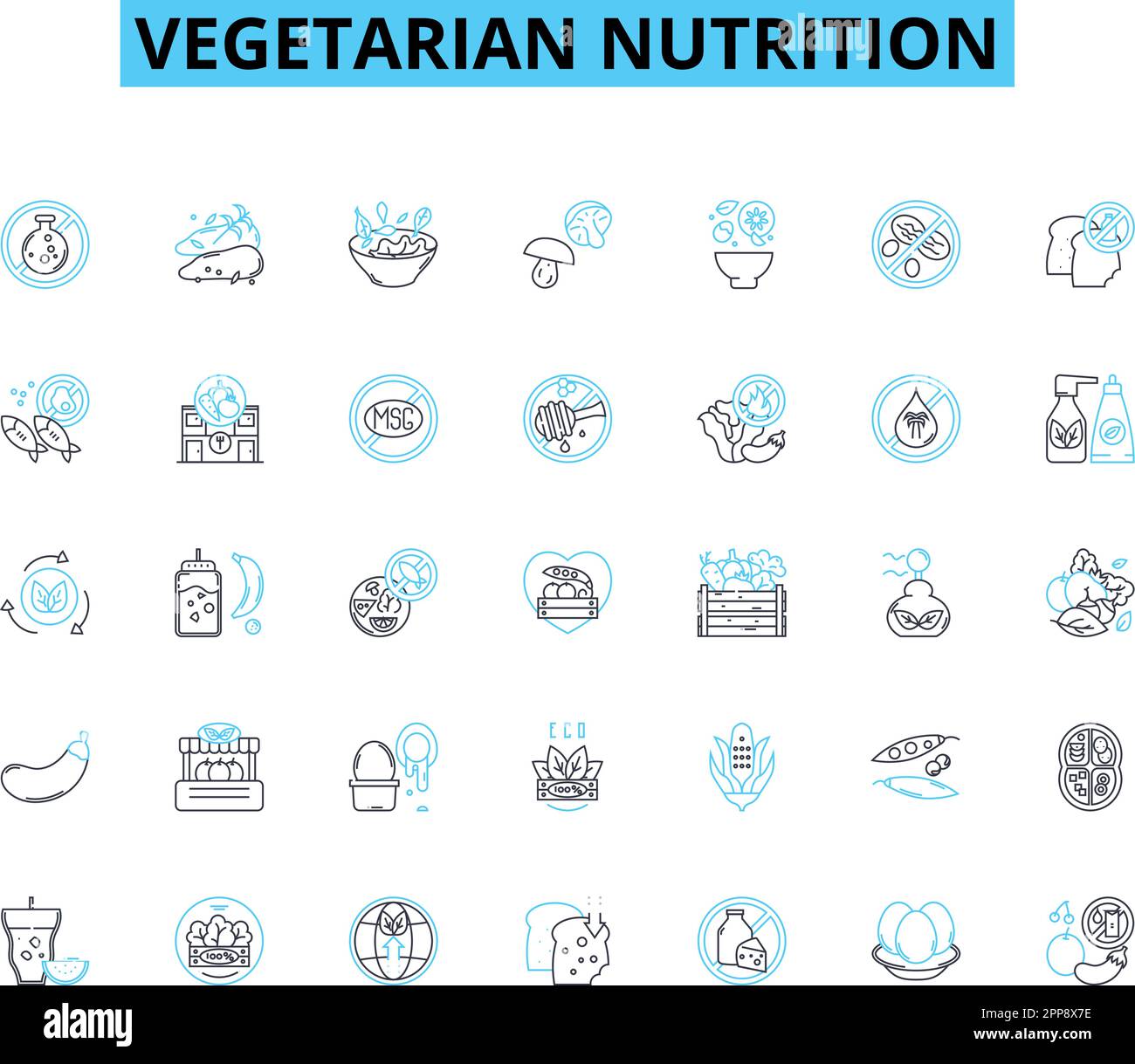 vegetarian nutrition linear icons set. Vegetables, Protein, Fiber, Iron