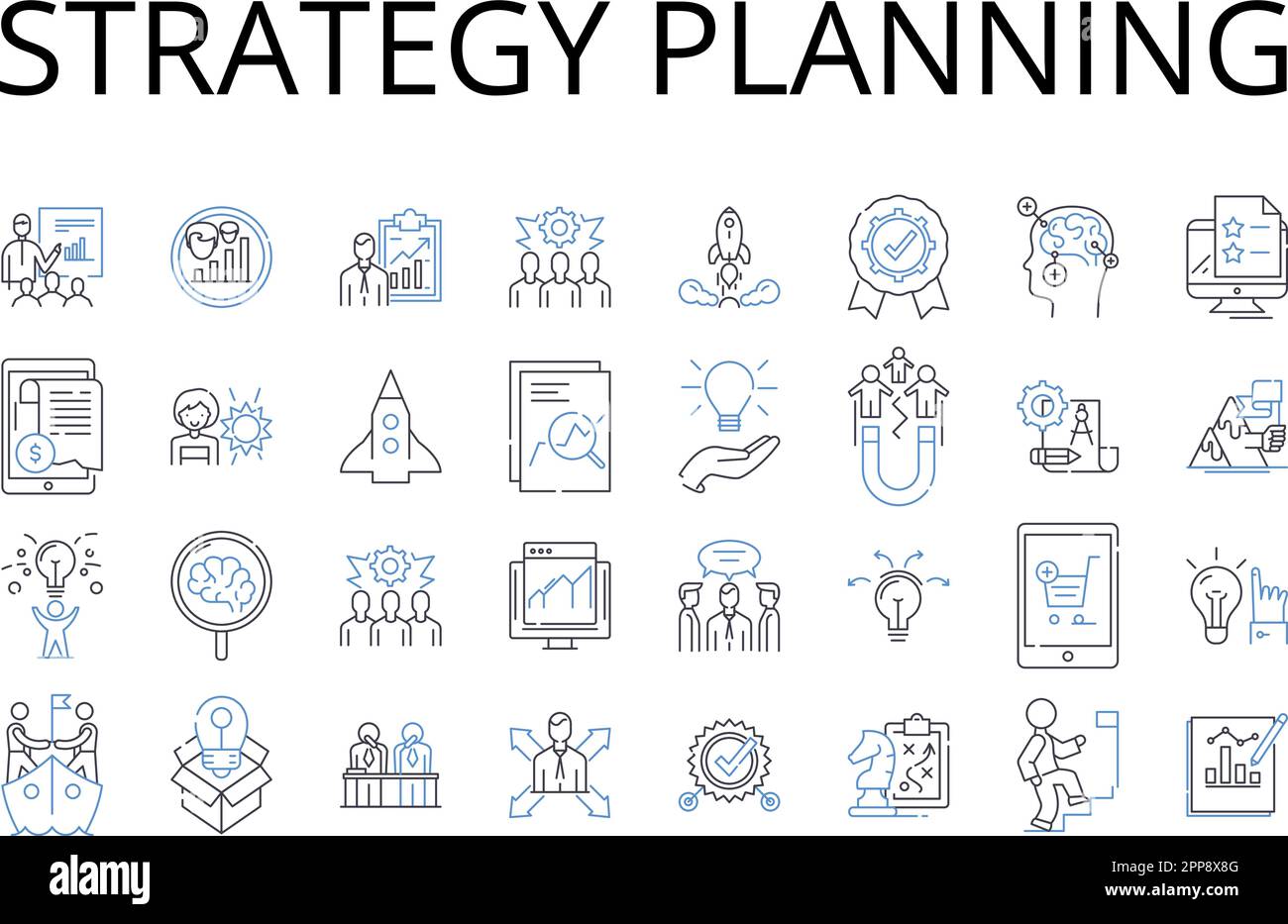 Strategy planning line icons collection. Goal setting, Action plan, Idea generating, Project mapping, Task scheduling, Decision making, Future mapping Stock Vector
