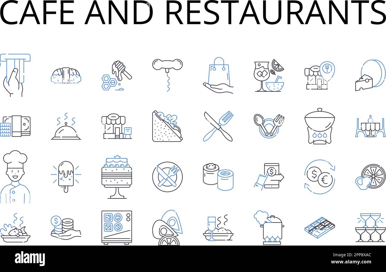 Cafe and restaurants line icons collection. Bistro, Diner, Eatery, Brasserie, Trattoria, Gastropub, Tavern vector and linear illustration. Pub,Canteen Stock Vector