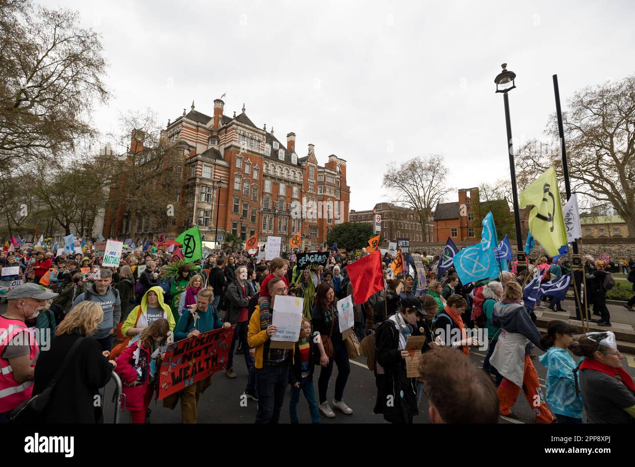 London, UK. 22nd Apr, 2023. Protesters march in Westminster to urge the UK government to view climate crisis as a matter of emergency during the demonstration. Extinction Rebellions, a mass group of activists from different discipline with their primary concern on climate crisis, continue the second day of their mass campaign on the Earth Day. This is the first campaign since the group pledged to move away from controversial disruptive methods since late last year. Credit: SOPA Images Limited/Alamy Live News Stock Photo