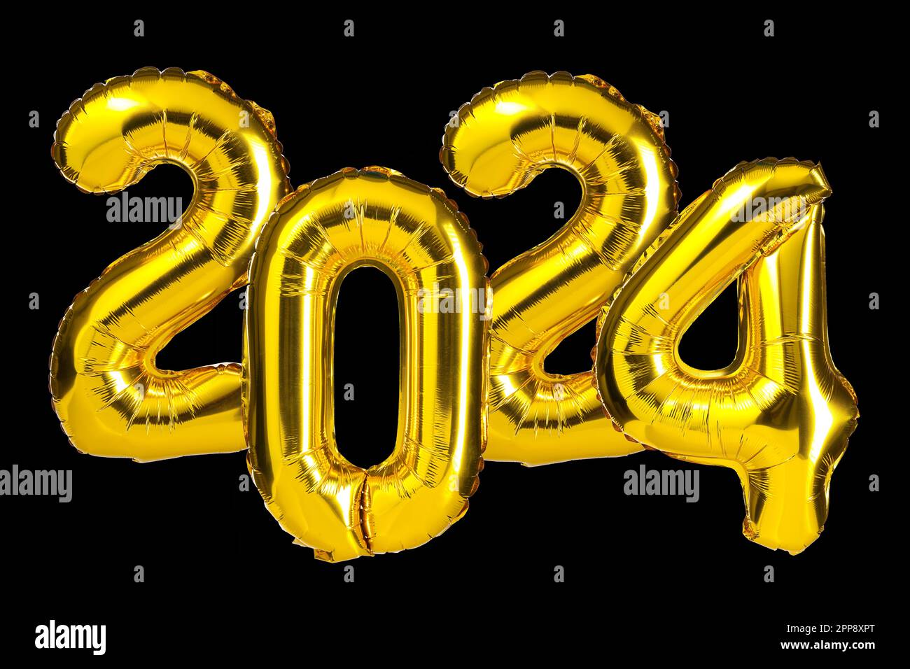 New Year 2024 celebration. Golden Yellow foil color balloons. 2024