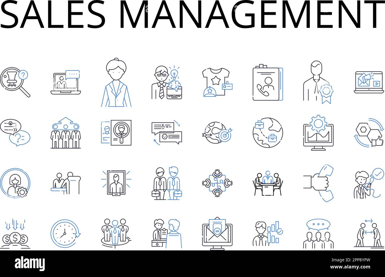 Sales management line icons collection. Sales leadership, Marketing management, Team organization, Account management, Brand management, Customer Stock Vector