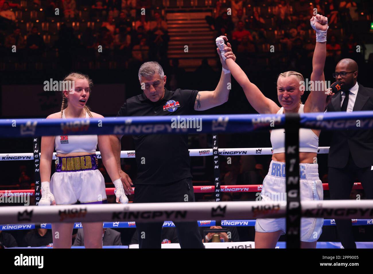 LONDON, UK - APRIL 22: Emily Brooke battles Amber O'Donnell in their ...