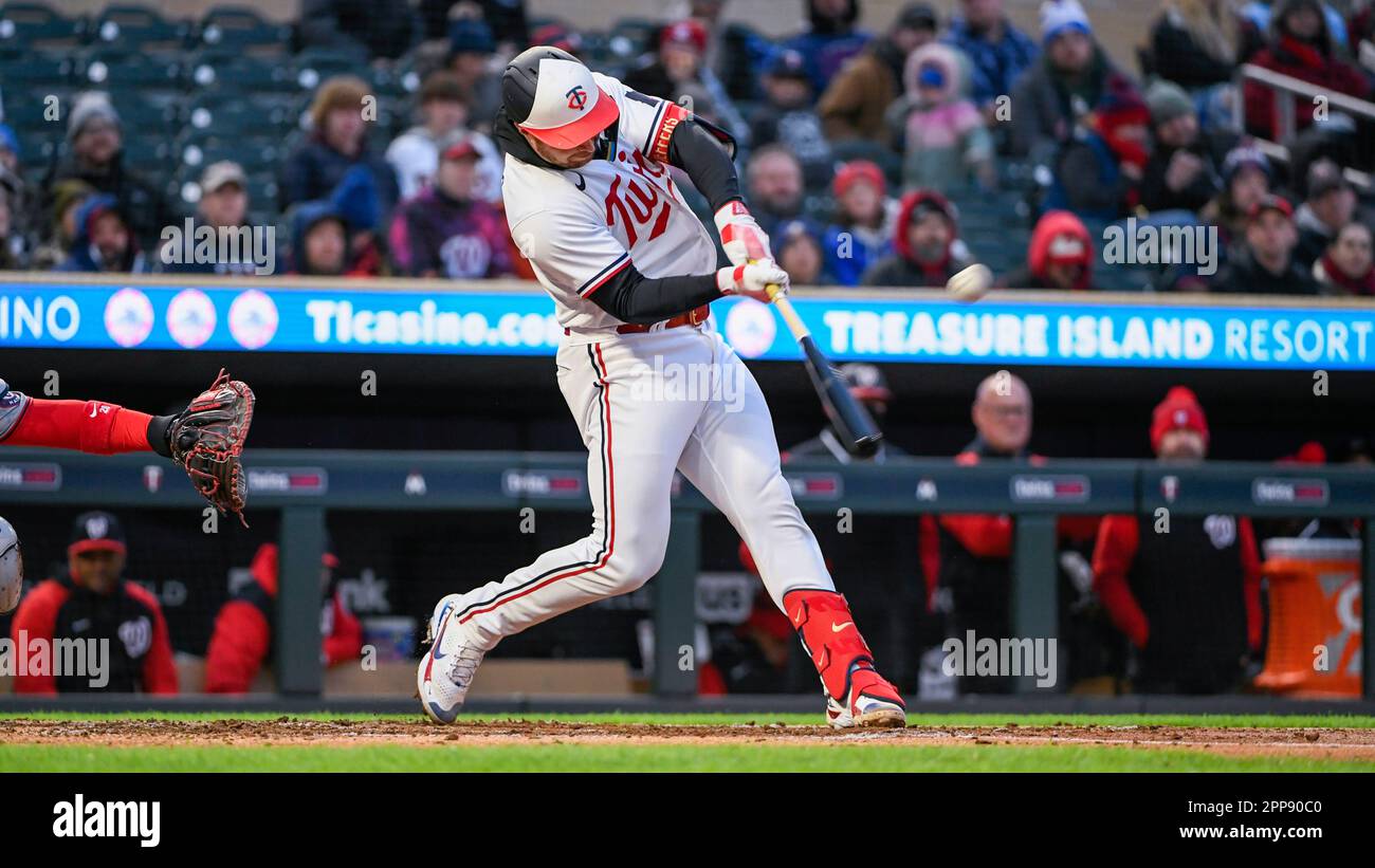 Minnesota Twins' Ryan Jeffers hits a double against the Washington  Nationals during the third inning of a baseball game, Friday, April 21, 2023,  in Minneapolis. Nationals won 3-2. (AP Photo/Craig Lassig Stock