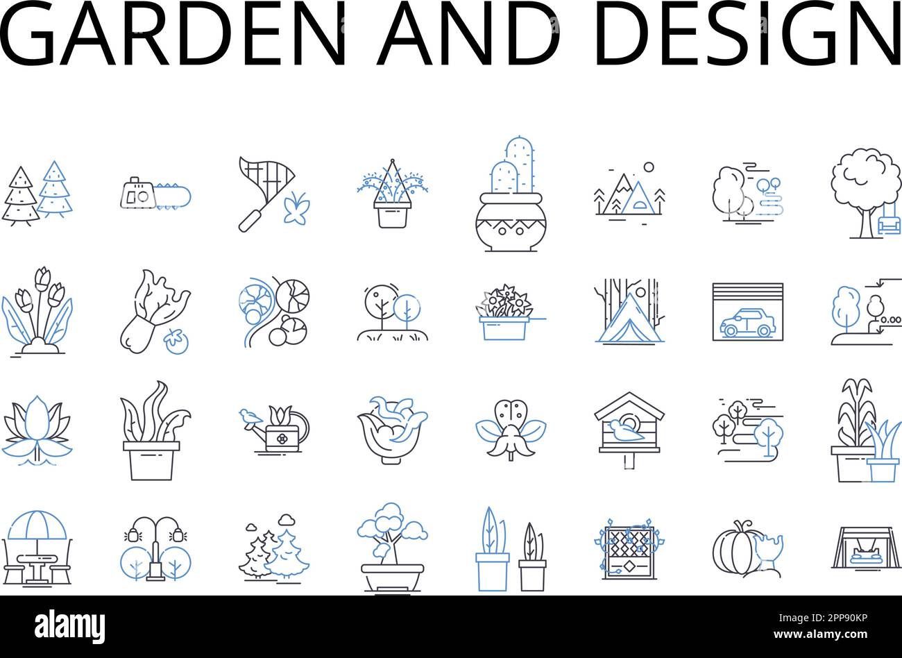 Garden and design line icons collection. Jungle & Greenery, Forest & Organic, Meadow & Landscape, Oasis & Serenity, Zen Garden & Tranquility, Terrace Stock Vector