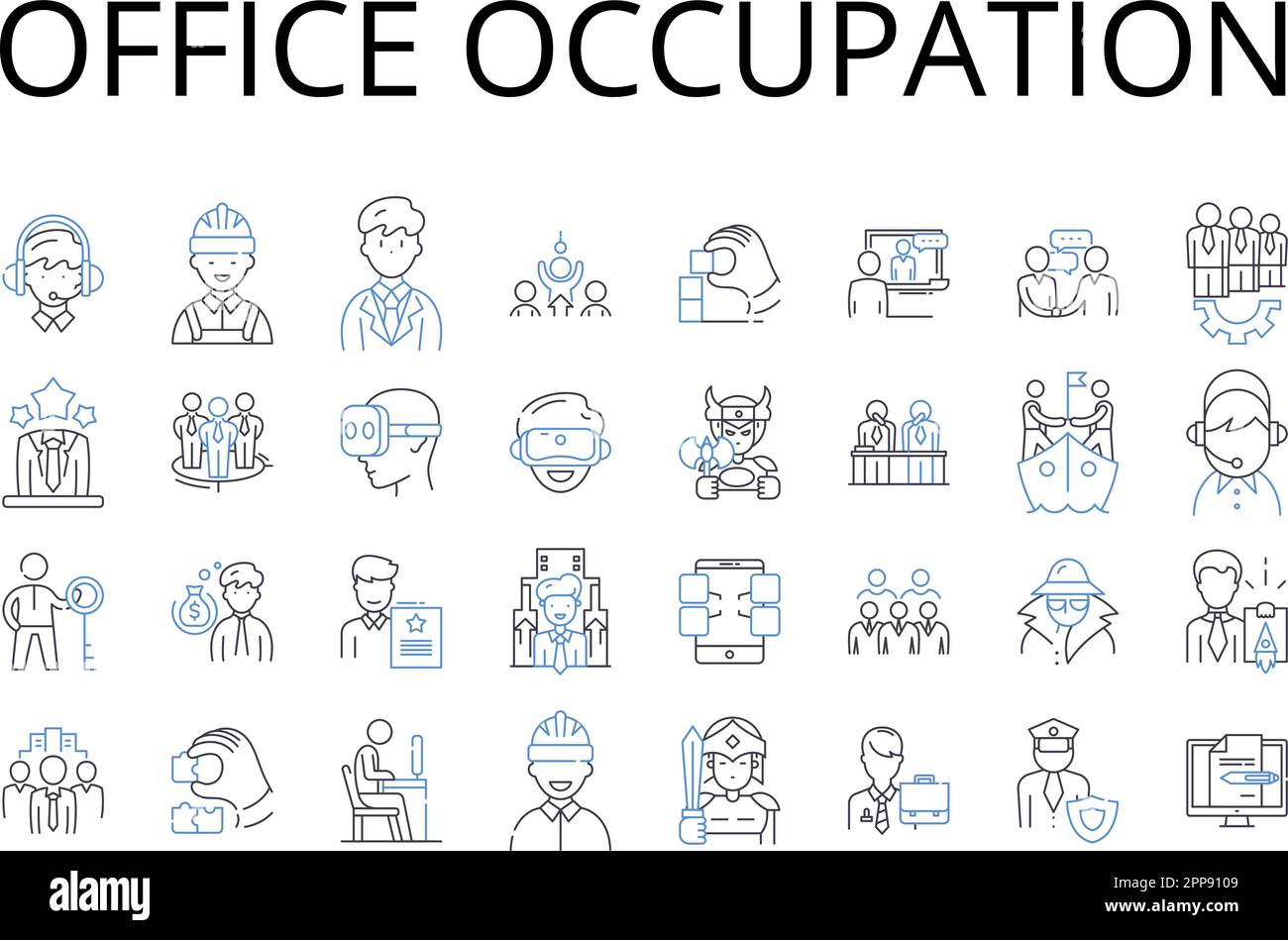 Office occupation line icons collection. Classroom learning, Business venture, Social gathering, Romantic rendezvous, Creative endeavor, Academic Stock Vector