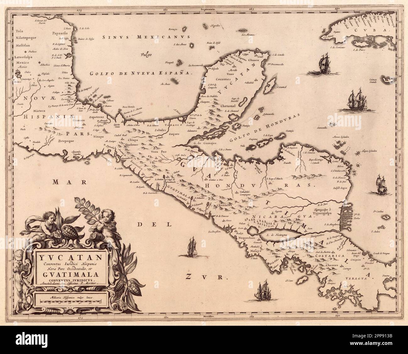 Antique map c. 1662 of the Yucatan Peninsula and Guatemala by Dutch cartographer Joan Blaeu (1596-1673) Stock Photo