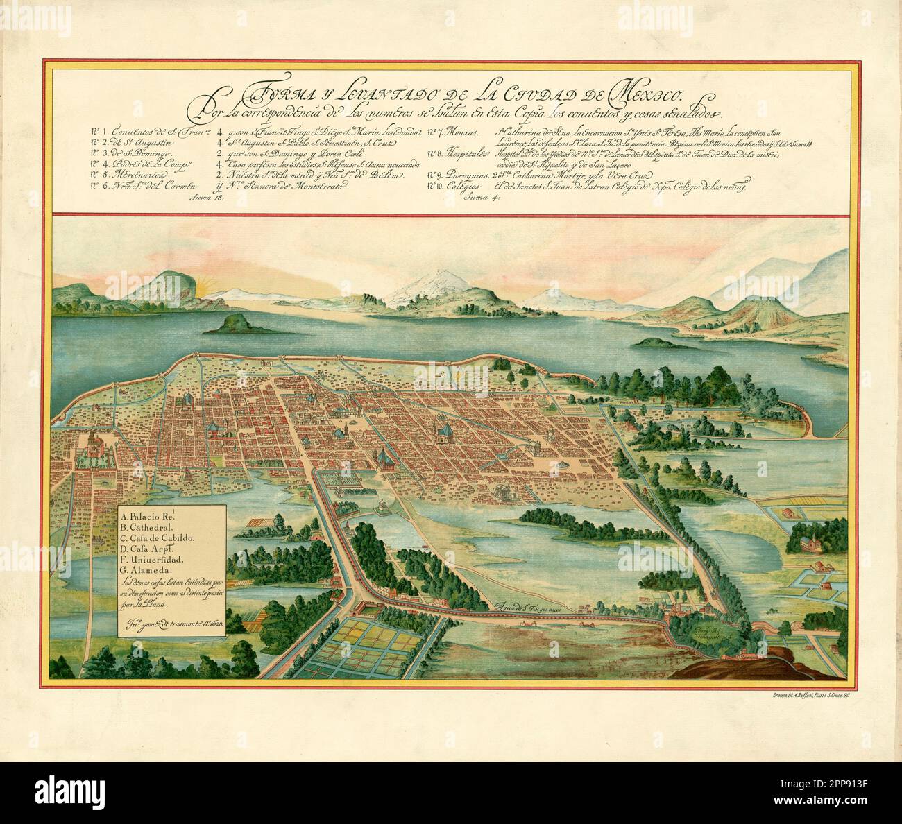 Vintage aerial view plan of Mexico City and surroundings including Lake Texcoco and volcanoes, by Juan Gomez de Trasmonte di Ao  c. 1628 Stock Photo