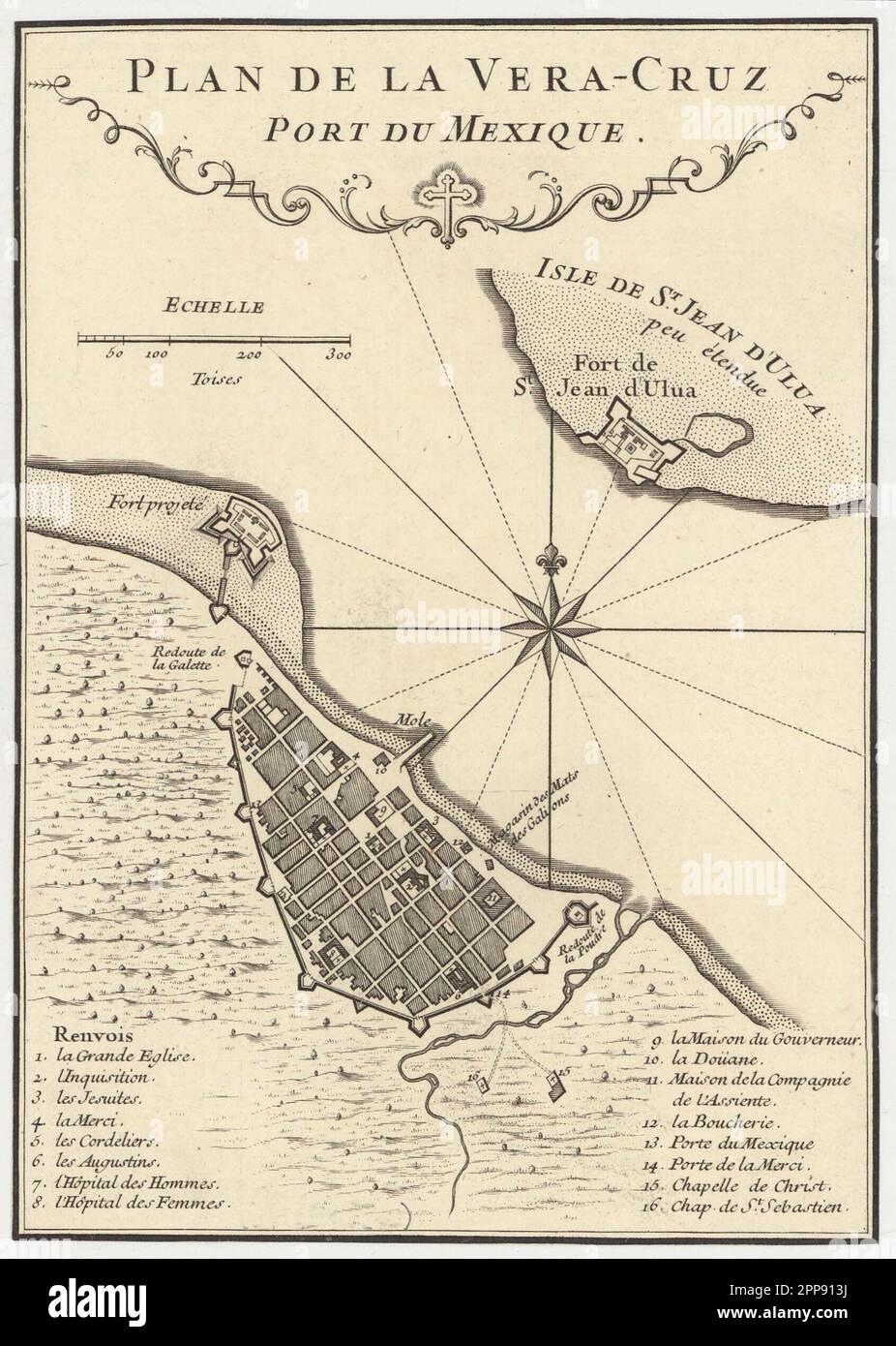 Vintage French map and plan of the walled city Port of Veracruz, Mexico, 18th century Stock Photo