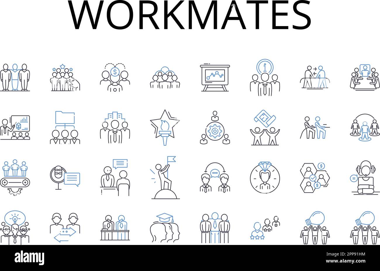 Workmates line icons collection. Colleagues, Comrades, Peers, Partners, Cohorts, Associates, Allies vector and linear illustration. Teammates,Co Stock Vector