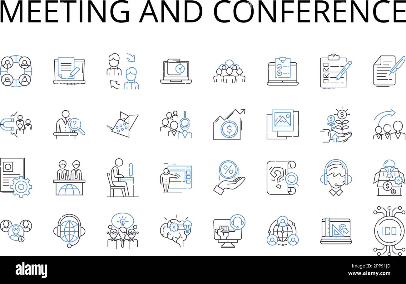 Meeting and conference line icons collection. Assembly, Gathering, Convention, Symposium, Forum, Session, Colloquium vector and linear illustration Stock Vector