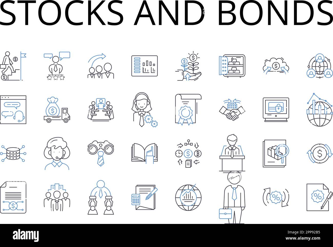 Stocks and bonds line icons collection. Debt and Equity, Buy and Sell
