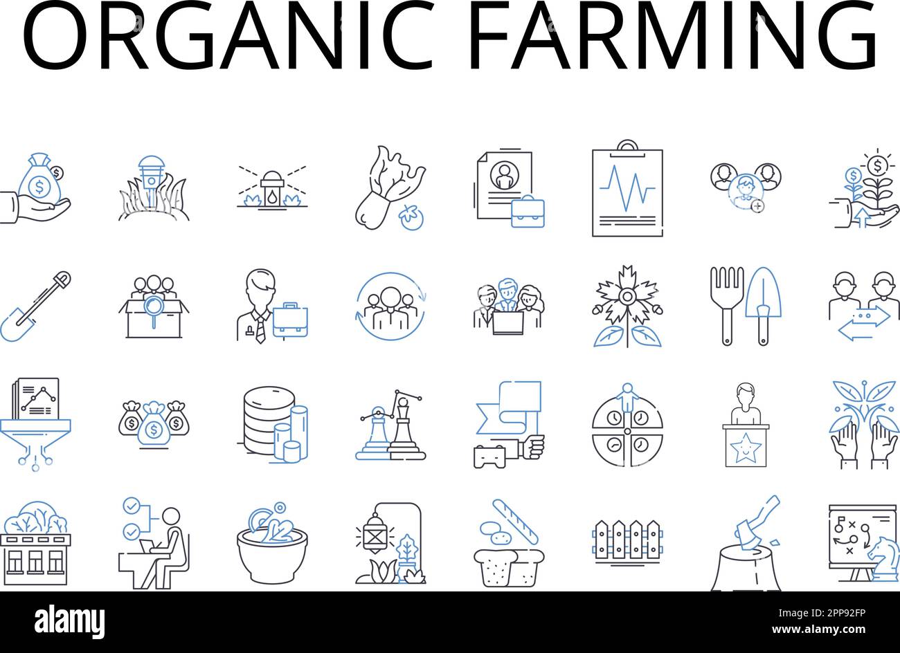 Organic farming line icons collection. Renewable Energy, Sustainable Living, Eco-Friendly, Natural Medicine, Biodegradable Packaging, Fair Trade Stock Vector