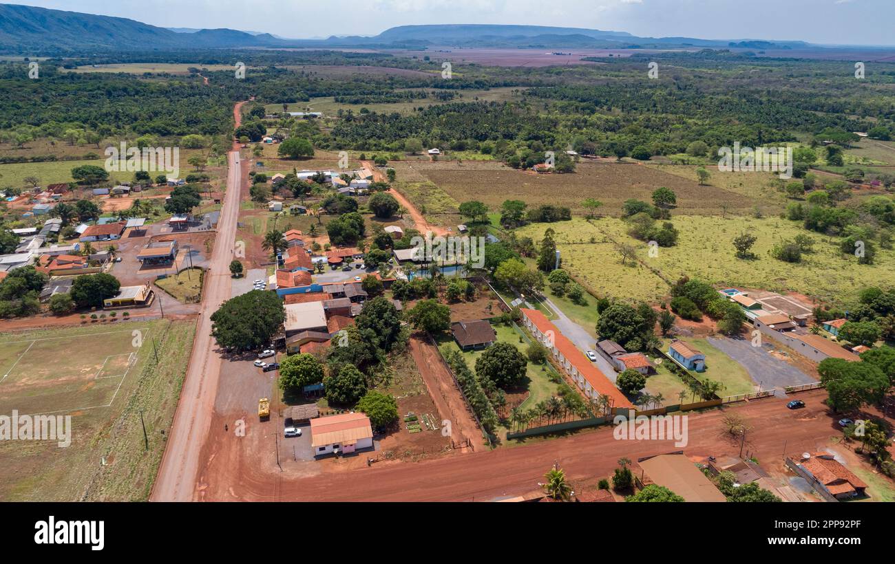 Aerial view of the small rural town Bom Jardim, surrounding and forested mountains, Mato Grosso, Brazil Stock Photo