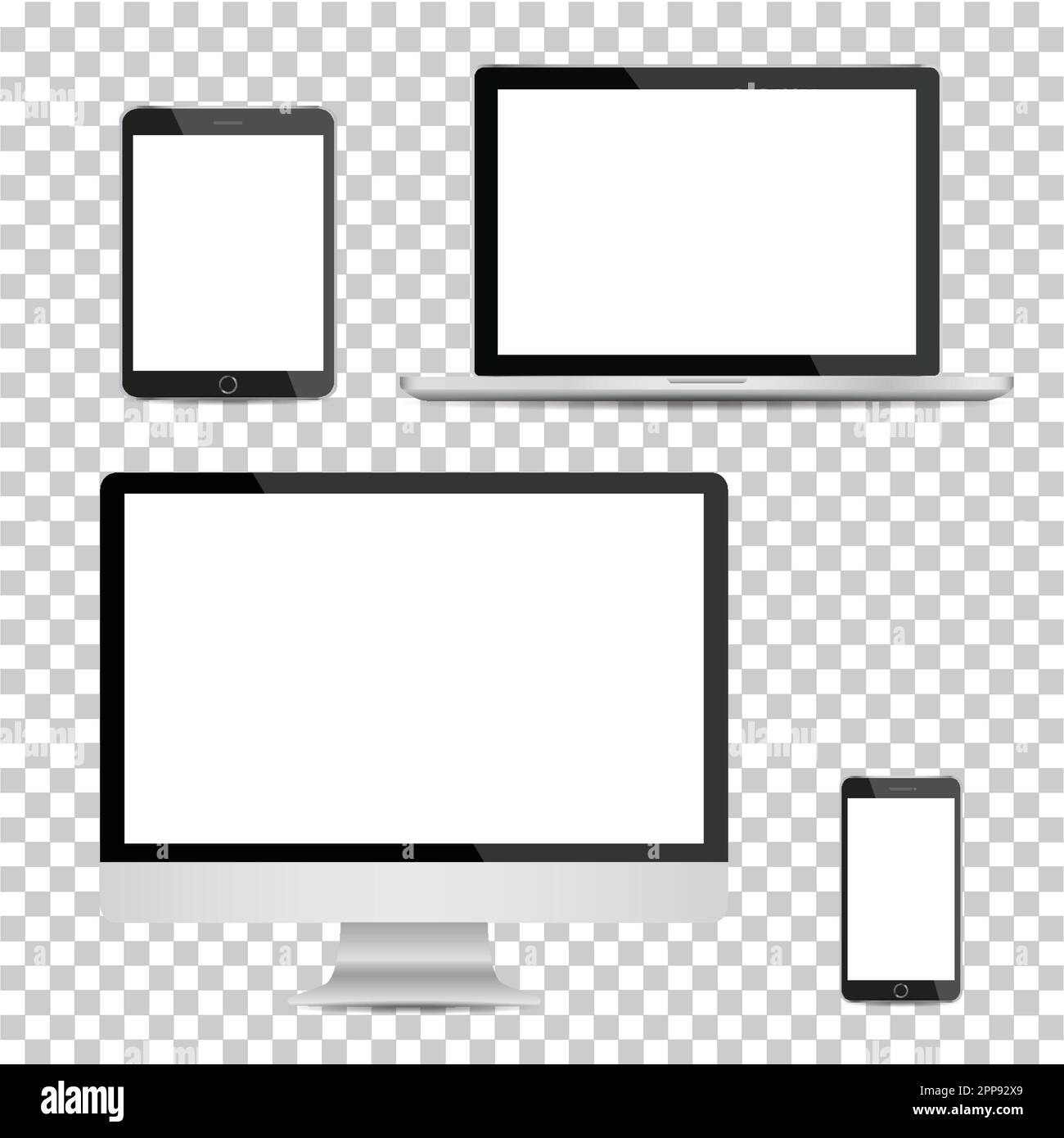 Set of realistic computer monitor, laptop, tablet and mobile phone with empty white screen. Various modern electronic gadget on isolate background. Stock Vector
