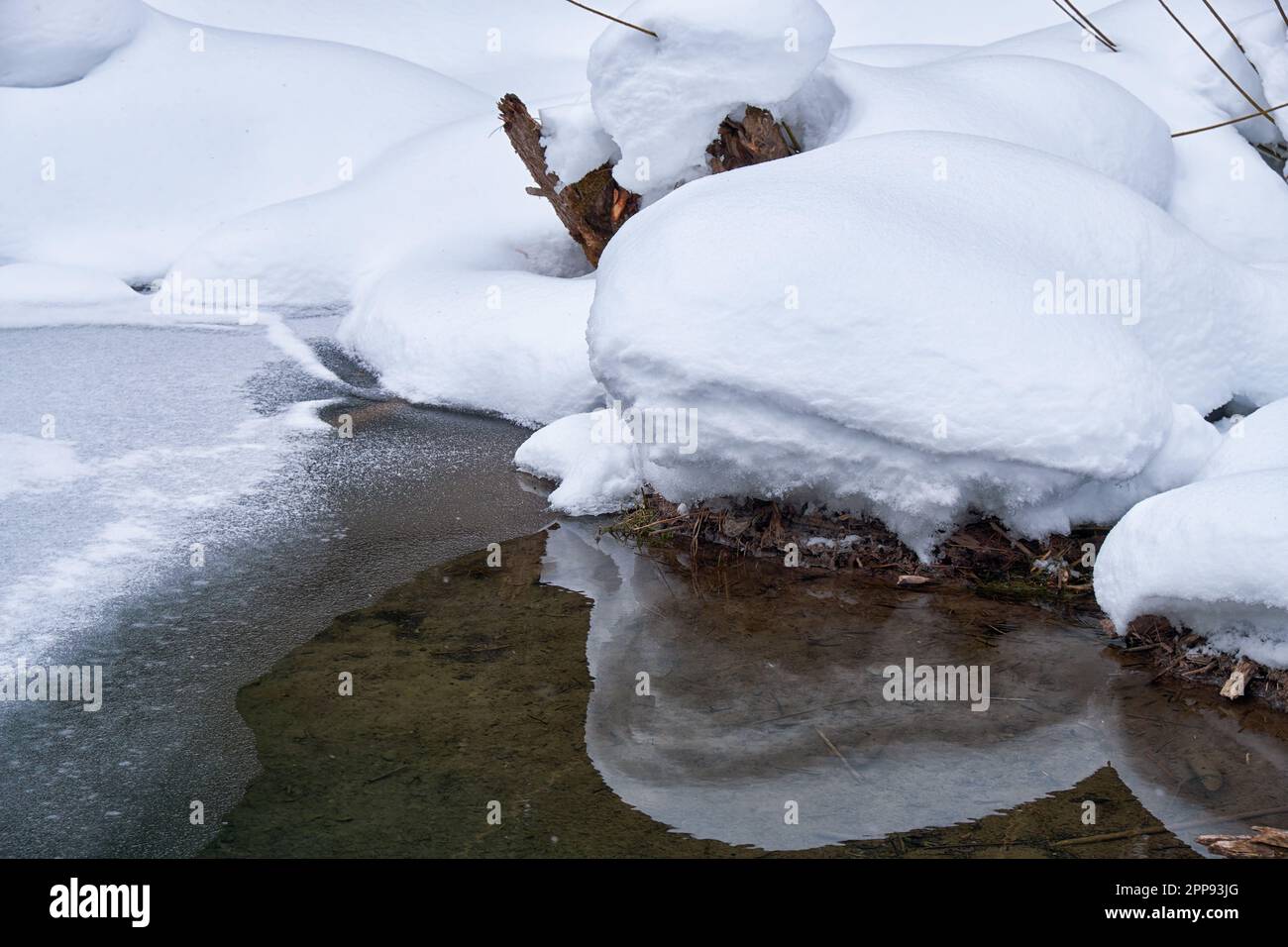 Small creek in Altai village Ust'-Lebed' in winter season. Siberia, Russia Stock Photo