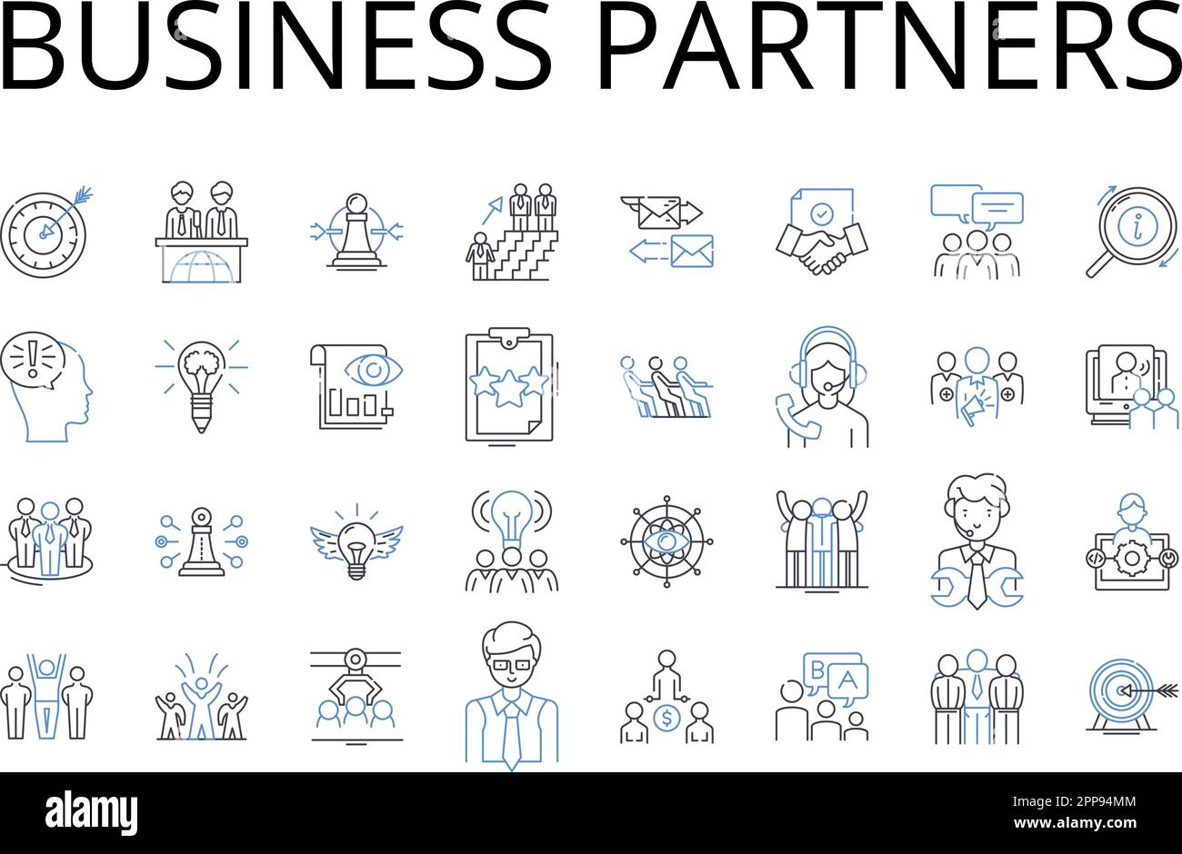 Business Partners line icons collection. Collaborative Team, Cooperative Alliance, Joint Venture, Complementary Pair, Dynamic Duo, Symbiotic Stock Vector