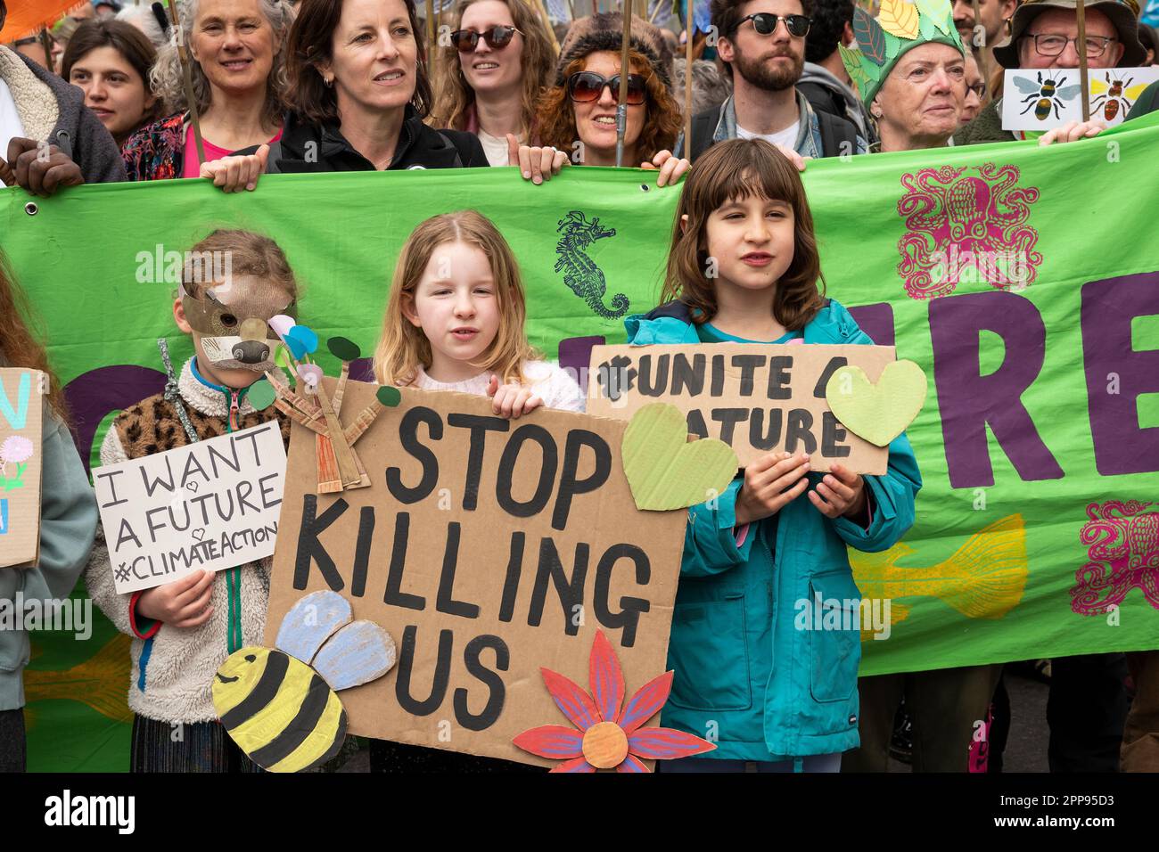 Westminster, London, UK. April 22nd 2023. Extinction Rebellion’s second day of activities in Westminster, the Earth Day Big One For Biodiversity March. Tens of thousands were estimated to have marched in Westminster calling for urgent action over the looming climate crisis. A large diverse range of organisations supported the march. Credit: Stephen Bell/Alamy Live News Stock Photo