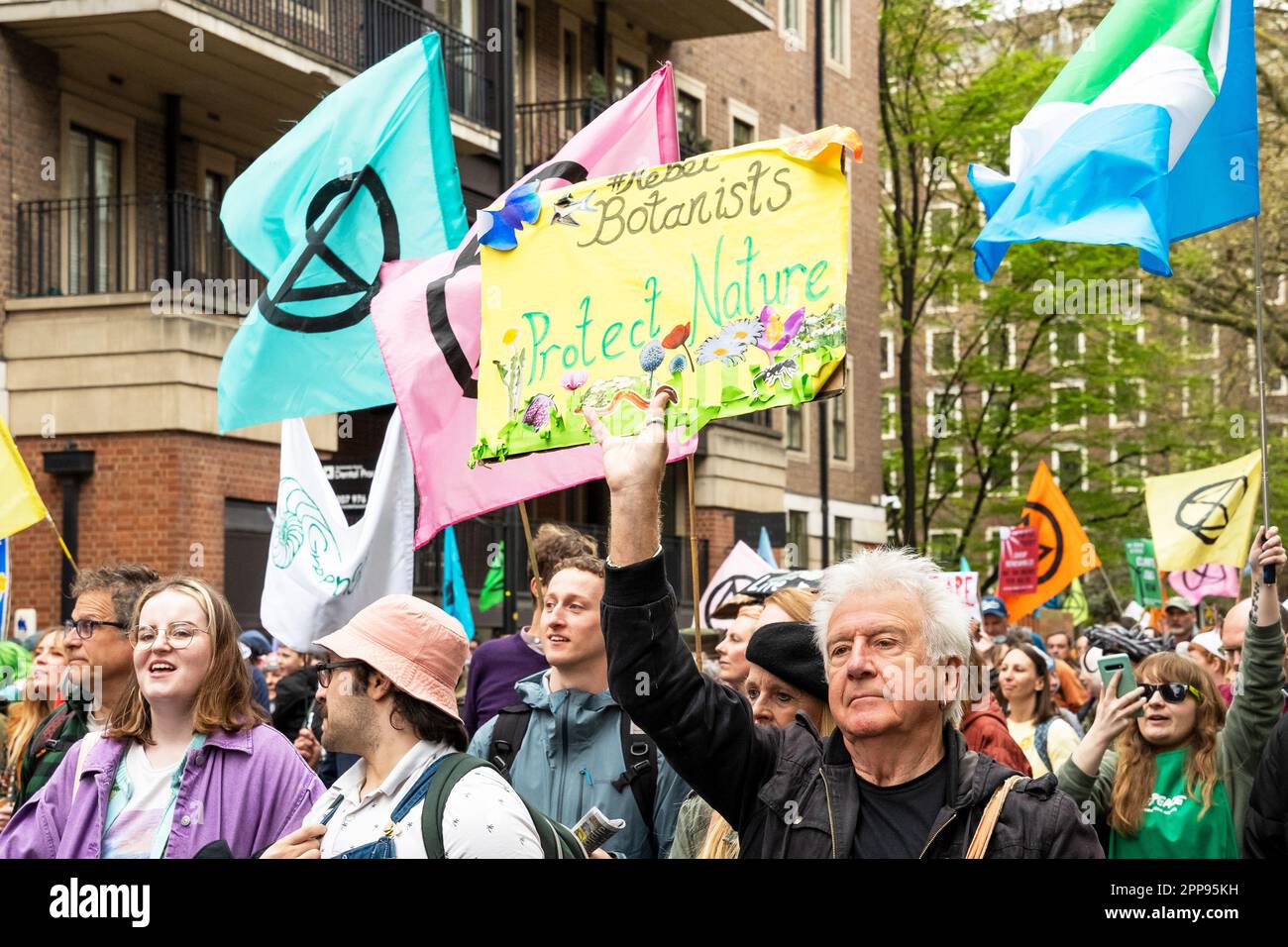 Westminster, London, UK. April 22nd 2023. Extinction Rebellion’s second day of activities in Westminster, the Earth Day Big One For Biodiversity March. Tens of thousands were estimated to have marched in Westminster calling for urgent action over the looming climate crisis. A large diverse range of organisations supported the march. Credit: Stephen Bell/Alamy Live News Stock Photo