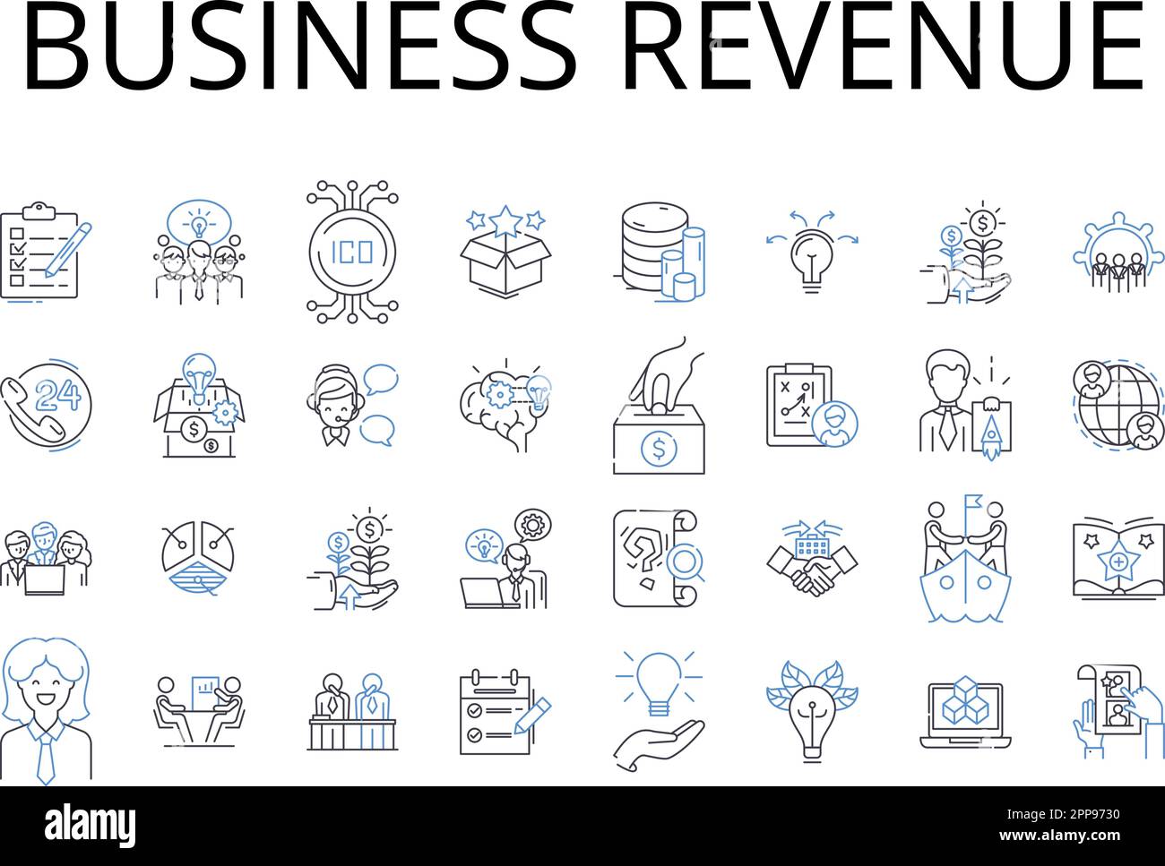 Business revenue line icons collection. Income stream, Mtary gain, Fiscal profit, Commercial sales, Financial returns, Earnings potential, Trade Stock Vector