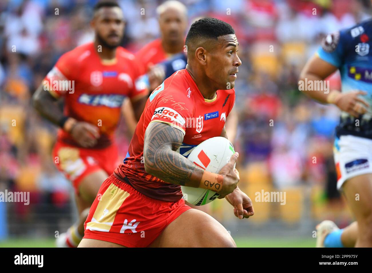 Jamayne Isaako of the Dolphins celebrates a try during the NRL Round 12  match between the Redcliffe Dolphins and the Melbourne Storm at Suncorp  Stadium in Brisbane, Saturday, May 20, 2023. (AAP