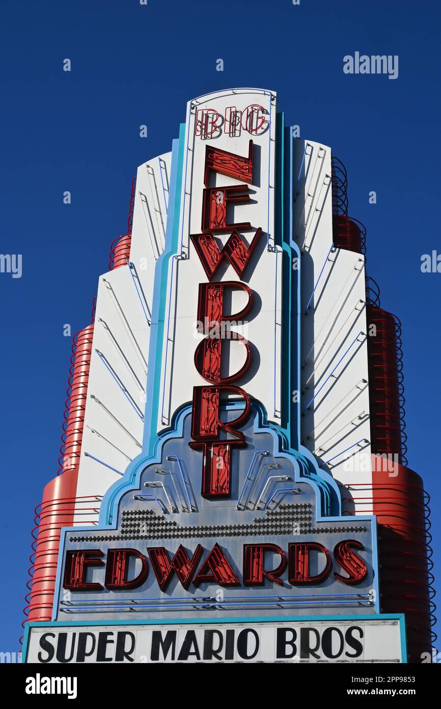 NEWPORT BEACH, CALIFORNIA - 22 APR 2023: Regal Edwards Big Newport Theater Marquee in Fashion Island. Stock Photo