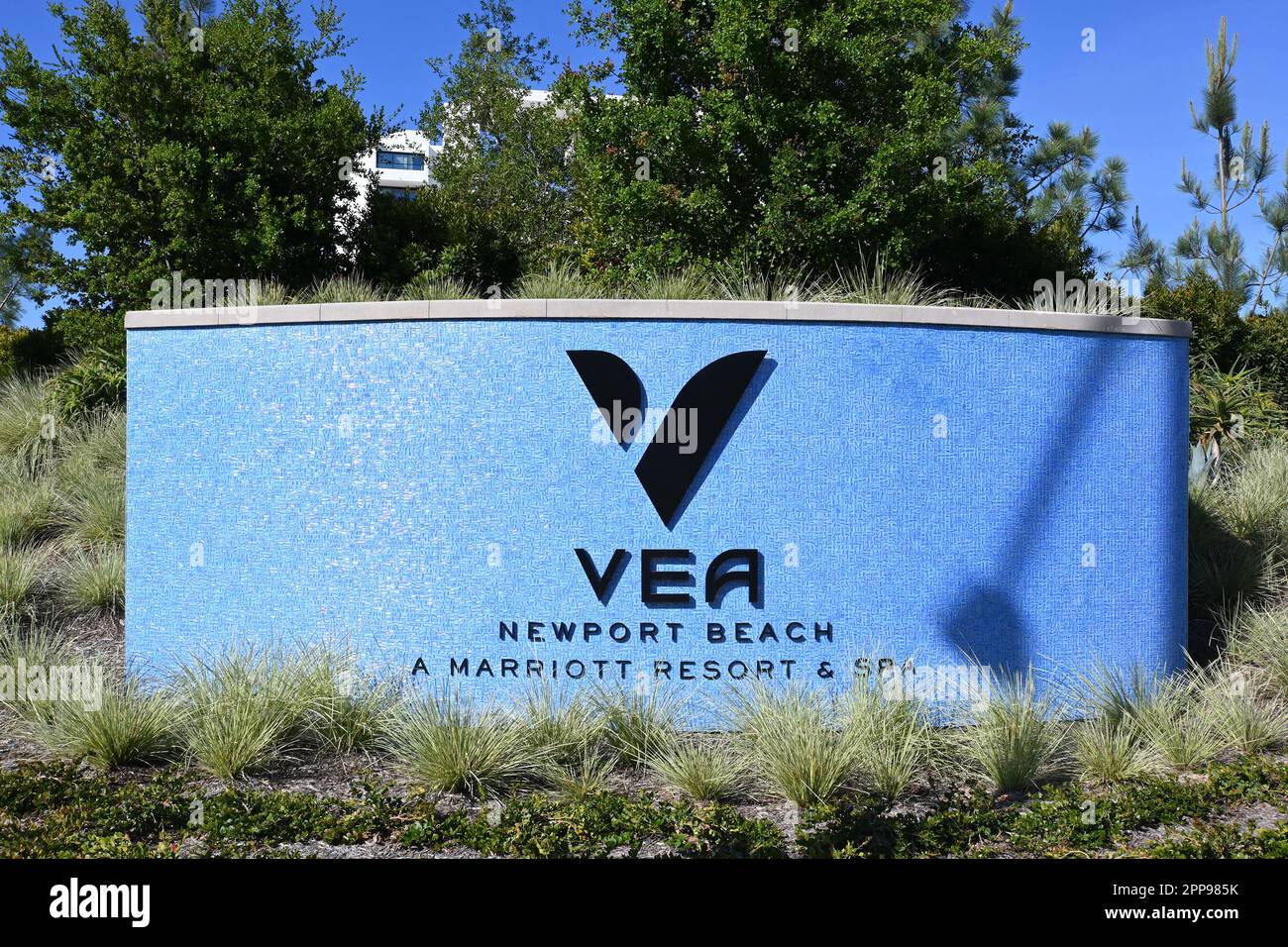 NEWPORT BEACH, CALIFORNIA - 22 APR 2023: Sign at VEA Newport Beach, A Marriott Resort and Spa, in Newport Center adjacent to Fashion Island Stock Photo