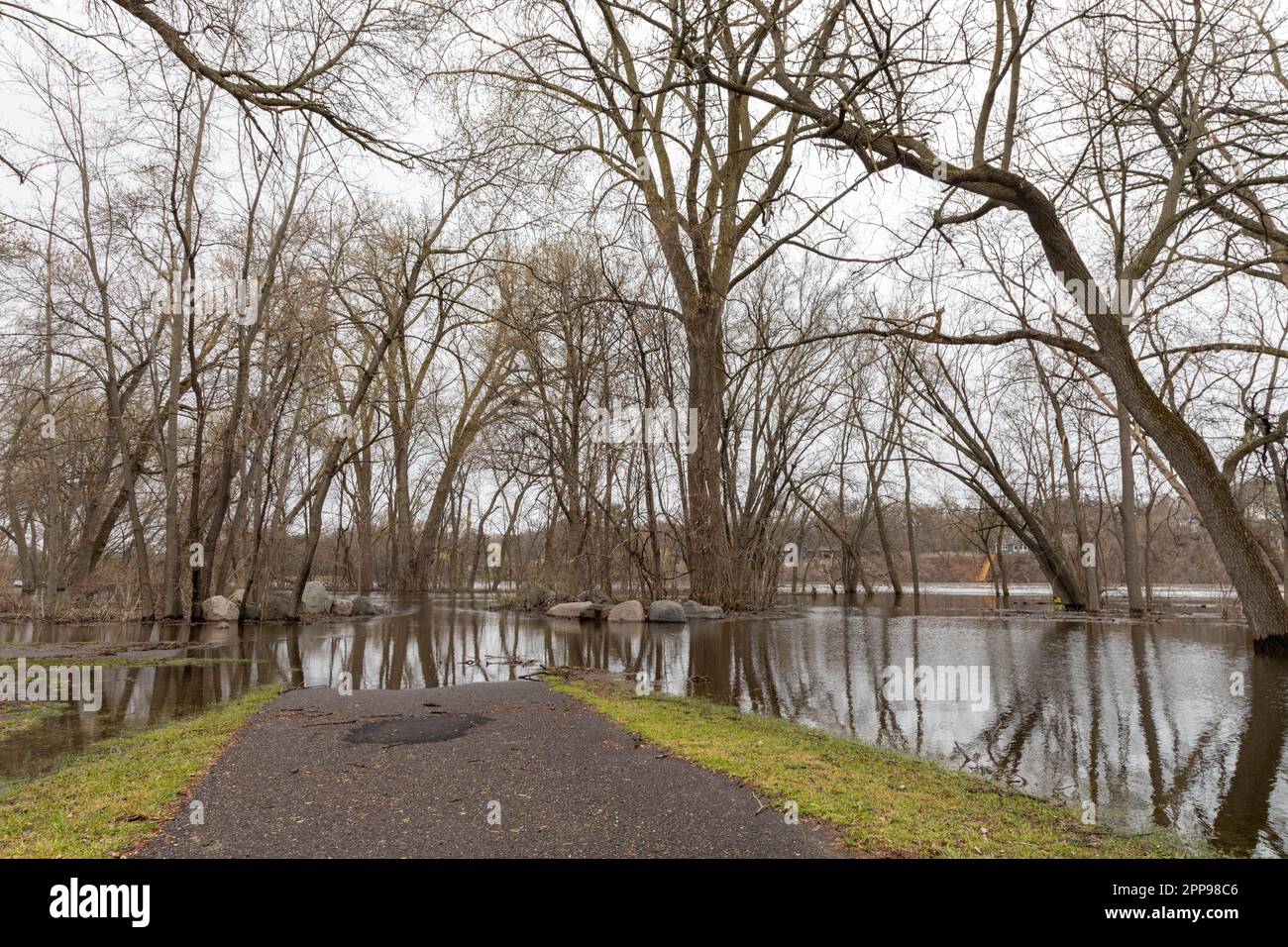 Spring Flooding of the Mississippi River north of Minneapolis in Fridley Minnesota April 2023