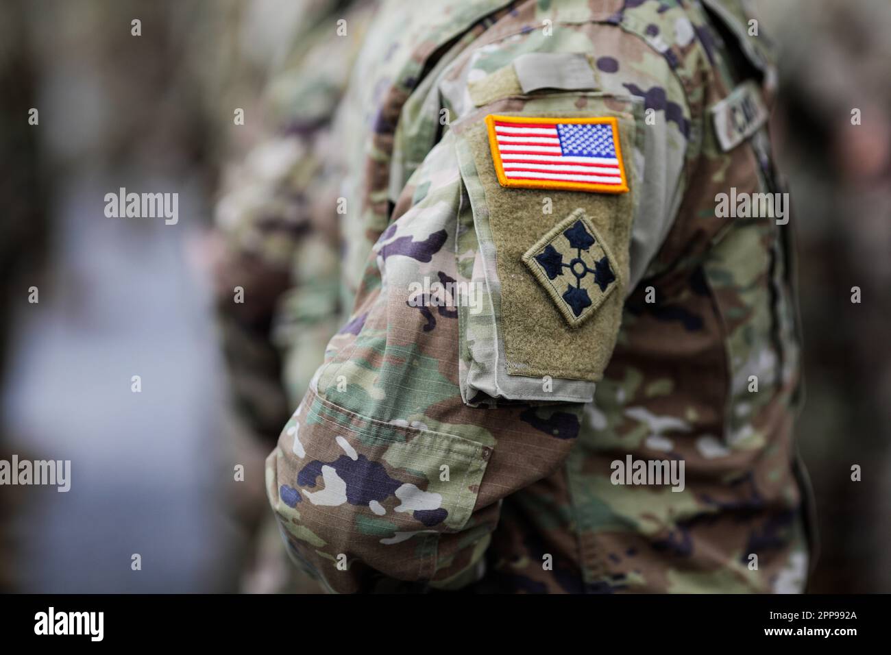 Bucharest, Romania - April 5, 2023: Servicemen of the 10th Mountain Division and of the 101st Airborne Division (Air Assault), both of the US Army, at Stock Photo