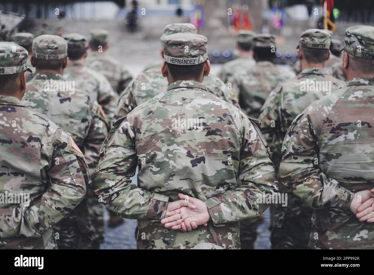 Bucharest, Romania - April 5, 2023: Servicemen of the 10th Mountain Division and of the 101st Airborne Division (Air Assault), both of the US Army, at Stock Photo