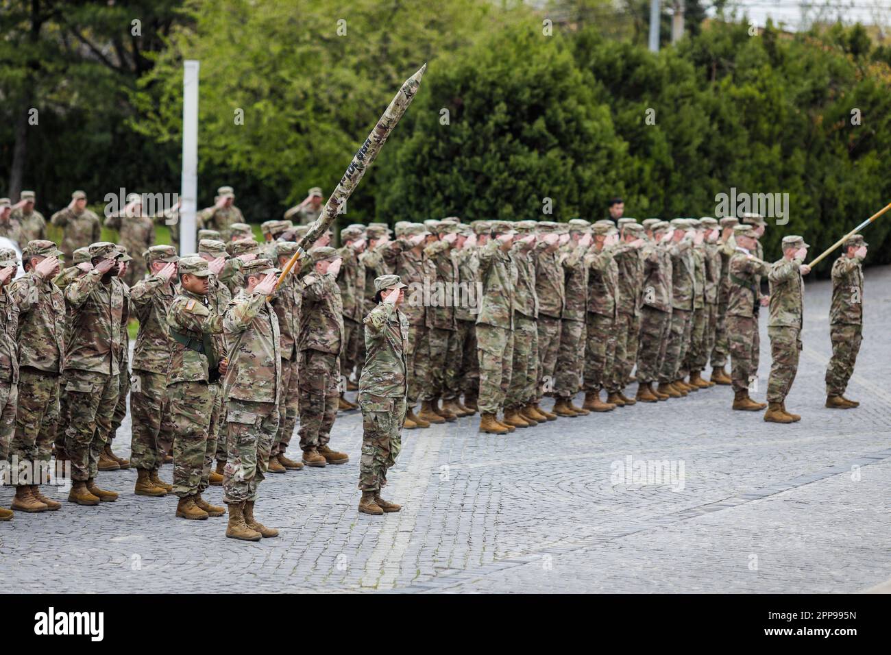 Bucharest, Romania - April 5, 2023: Servicemen of the 10th Mountain Division and of the 101st Airborne Division (Air Assault), both of the US Army, at Stock Photo