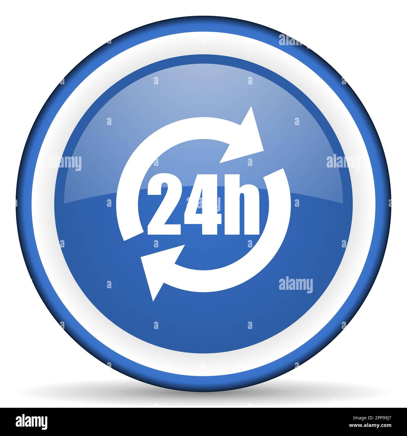 24h glossy web icon, blue circle button isolated on white background ...
