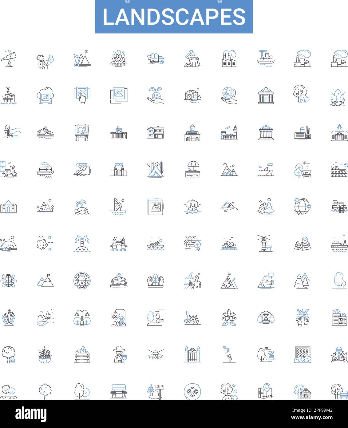 Landscapes outline icons collection. Scenery, Forests, Plains ...