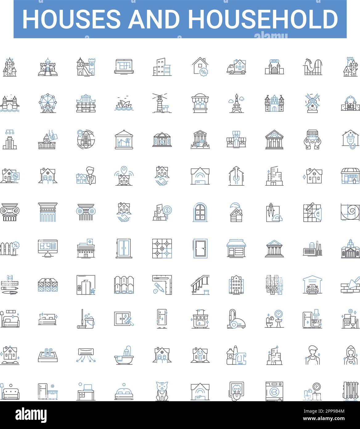Houses and household outline icons collection. House, Household, Home, Dwelling, Residence, Abode, Villa vector illustration set. Cottage, Condo Stock Vector
