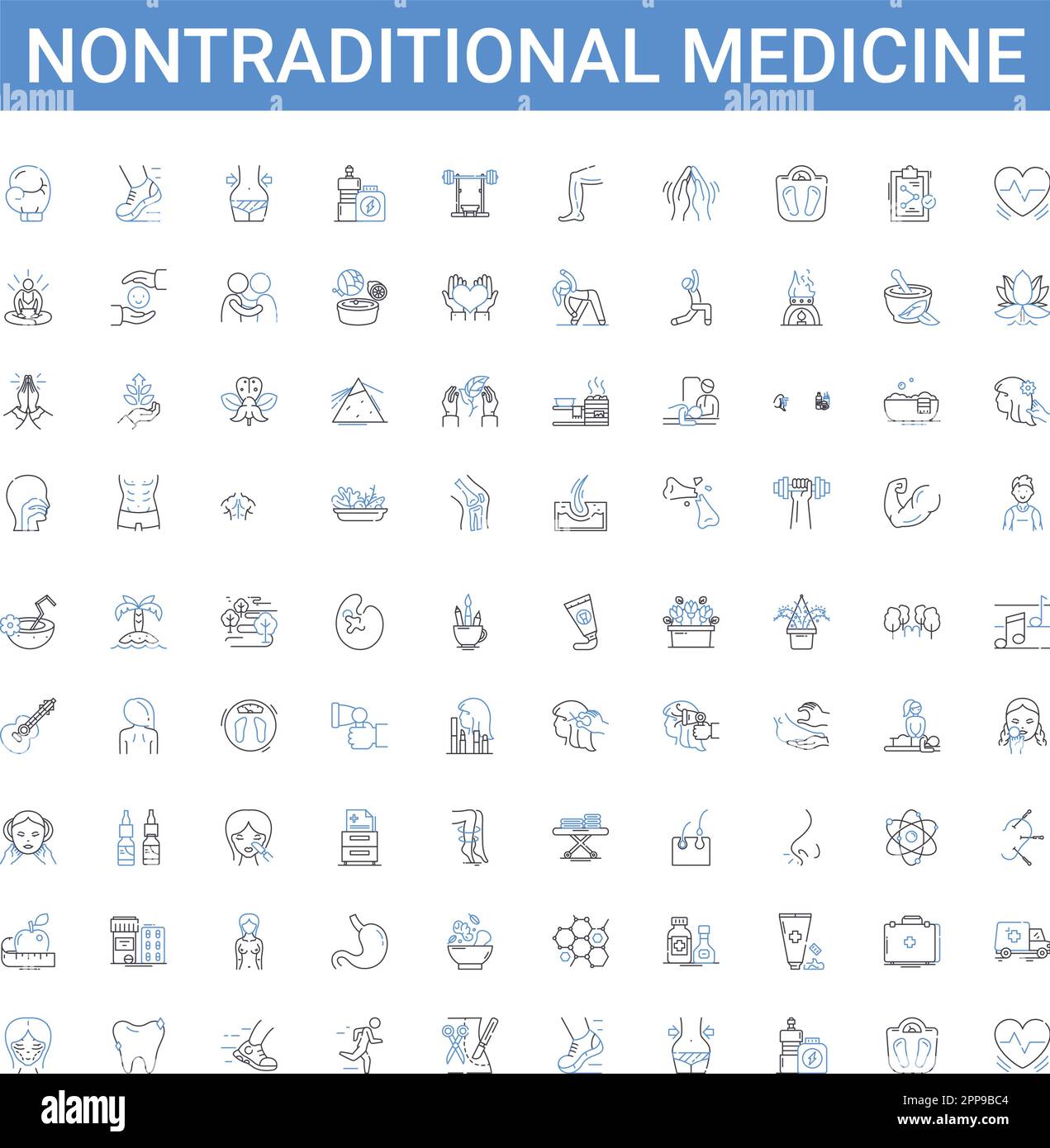 Nontraditional medicine outline icons collection. Alternative, Complementary, Holistic, Herbal, Homeopathic, Ayurvedic, Unconventional vector Stock Vector