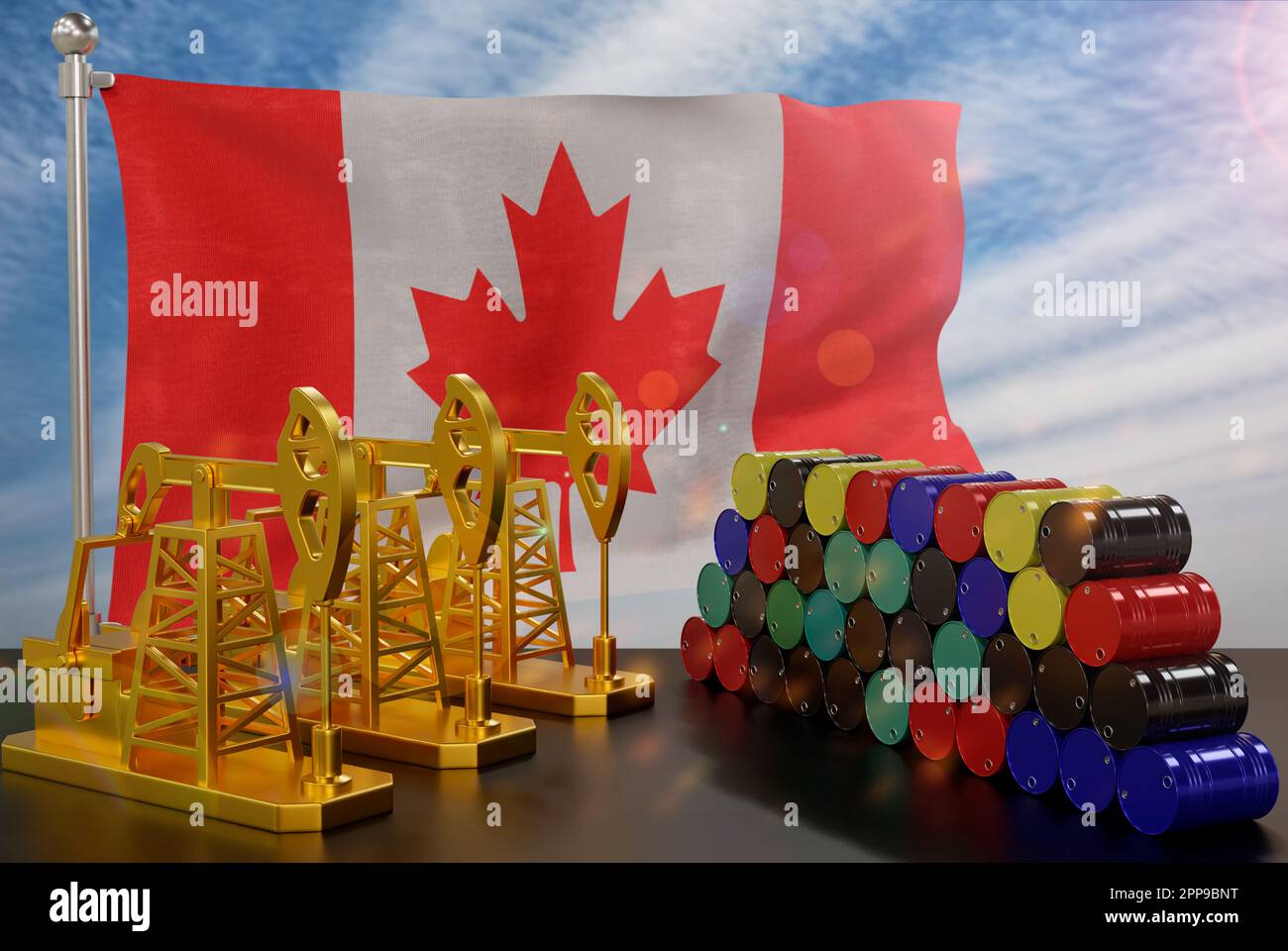 The Canada's petroleum market. Oil pump made of gold and barrels of metal. The concept of oil production, storage and value. Canada flag in background Stock Photo