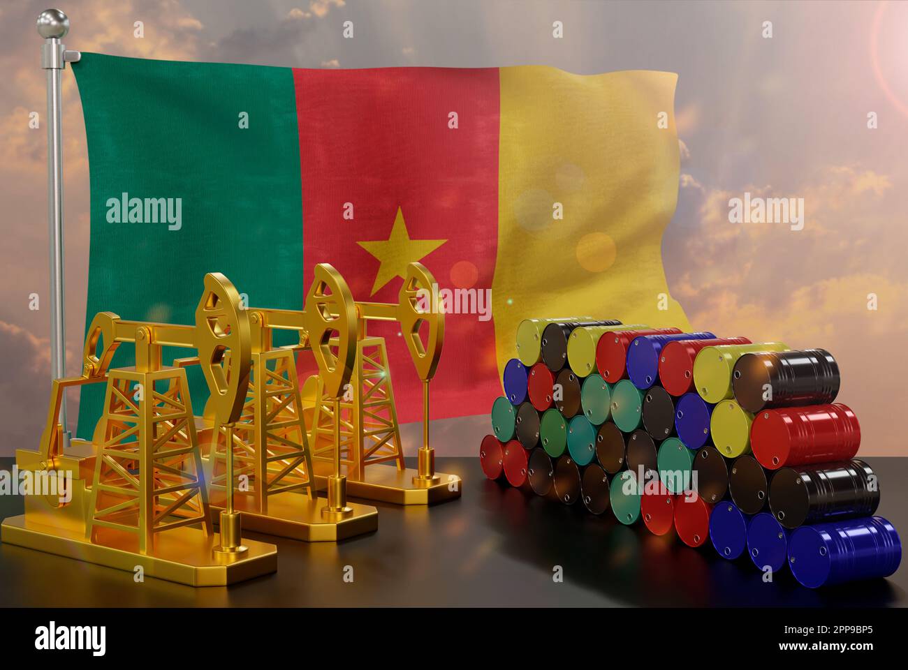 The Cameroon's petroleum market. Oil pump made of gold and barrels of