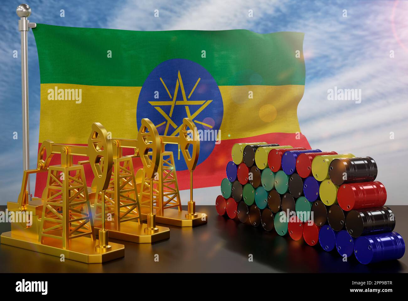 The Ethiopia's petroleum market. Oil pump made of gold and barrels of metal. The concept of oil