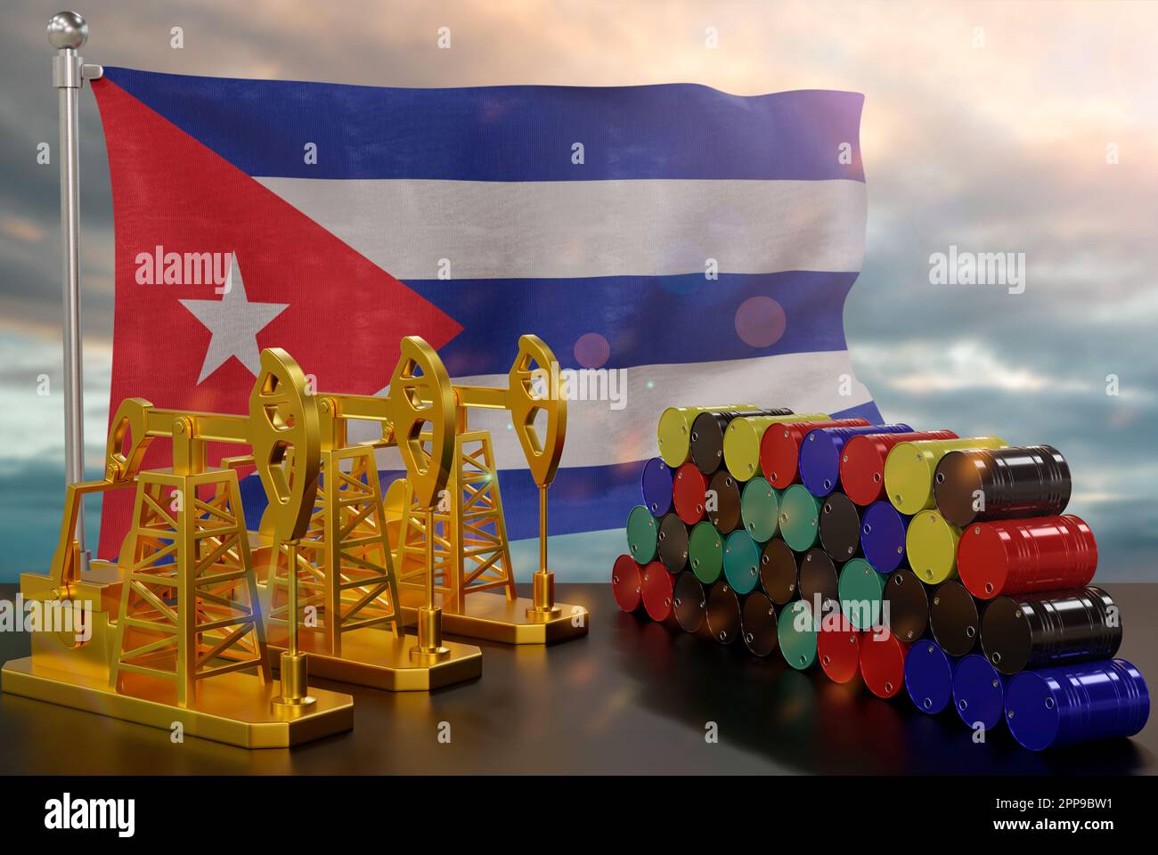 The Cuba's petroleum market. Oil pump made of gold and barrels of metal